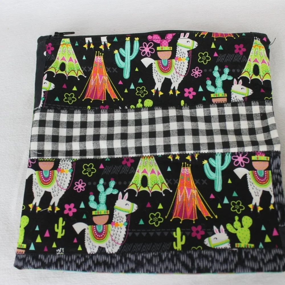 Llama Black & Green Print Zippered Pouch and Sunglass Case-Matching Set-Handmade